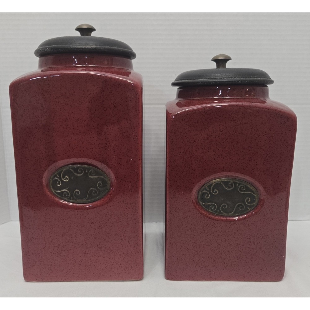 Vtg PIER 1 Import Rustic Brick Red 2 Ceramic Canister Jars W/Vacuum Lip Lid Set